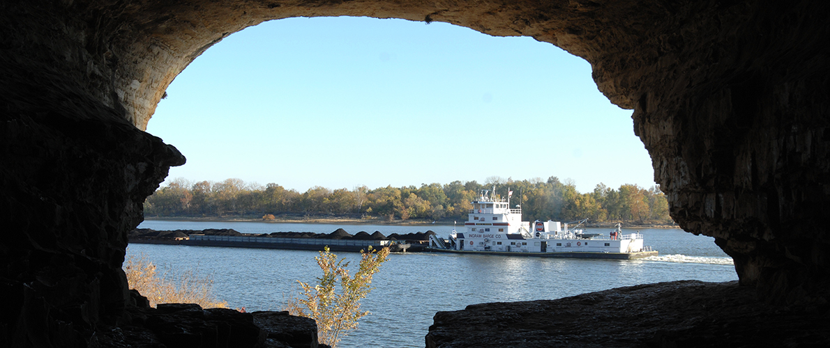 View of ship through cave